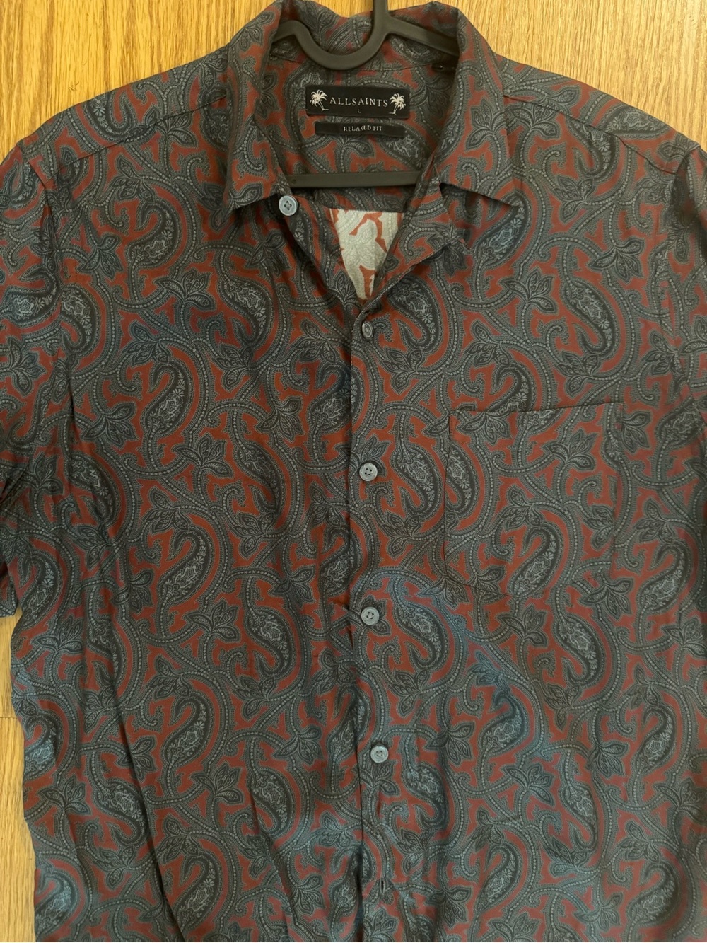 AllSaints Men’s Burgundy and Black Paisley Short-Sleeve Button-Up Shirt